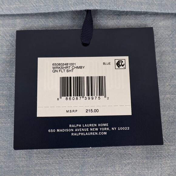 Ralph Lauren Bedding Workshirt Chambray Blue Flat Cotton Queen Sheet NWT - Picture 3 of 5